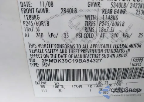 2009 Ford Edge Limited z USA, uszkodzony, nr VIN 2FMDK39C19BA54327